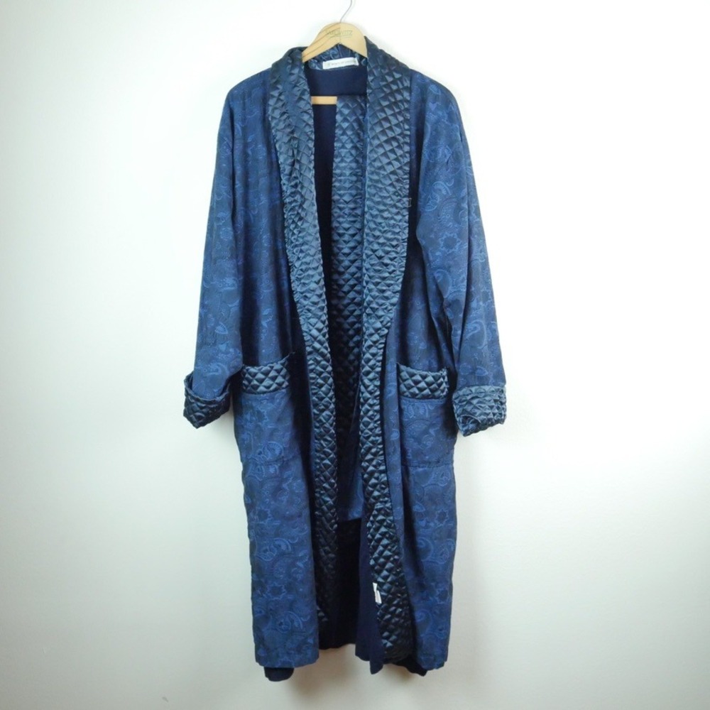 Bown of London Mens Navy Blue Paisley Quilted Shawl Collar Cotton Robe M/L